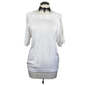 Vtg Y2k 90's White Knit Raglan Cut Coquette Cottagecore Granny Core Sweater Sz M